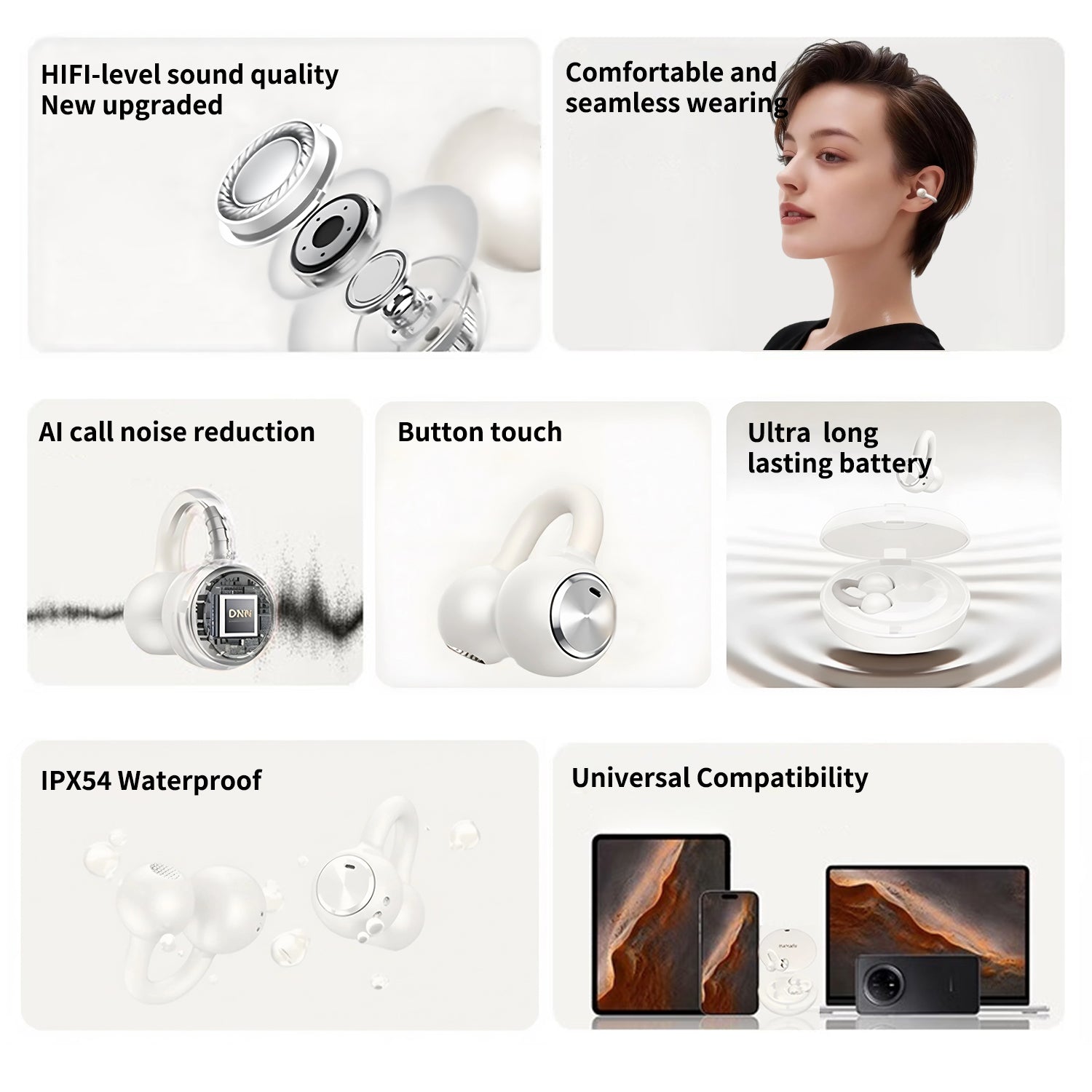 Upgraded Open Ear Earbuds Clip-On Earbuds Comfortable fit & Crystal-Clear Sound, 80H Playtime Bluetooth 5.4 Wireless Headphones for Women Ideal for SmallEars,Sports,Workouts