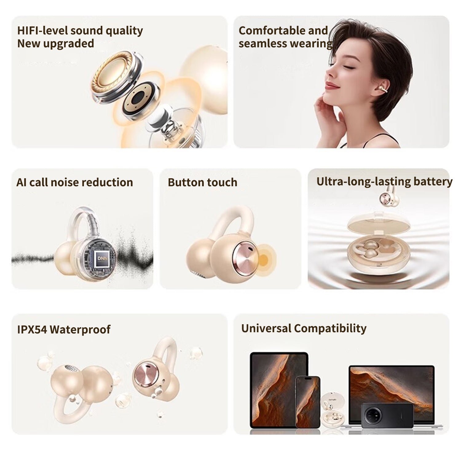 Clip-On Open Ear Earbuds in Champagne Gold, 80H Playtime & Lightweight Design