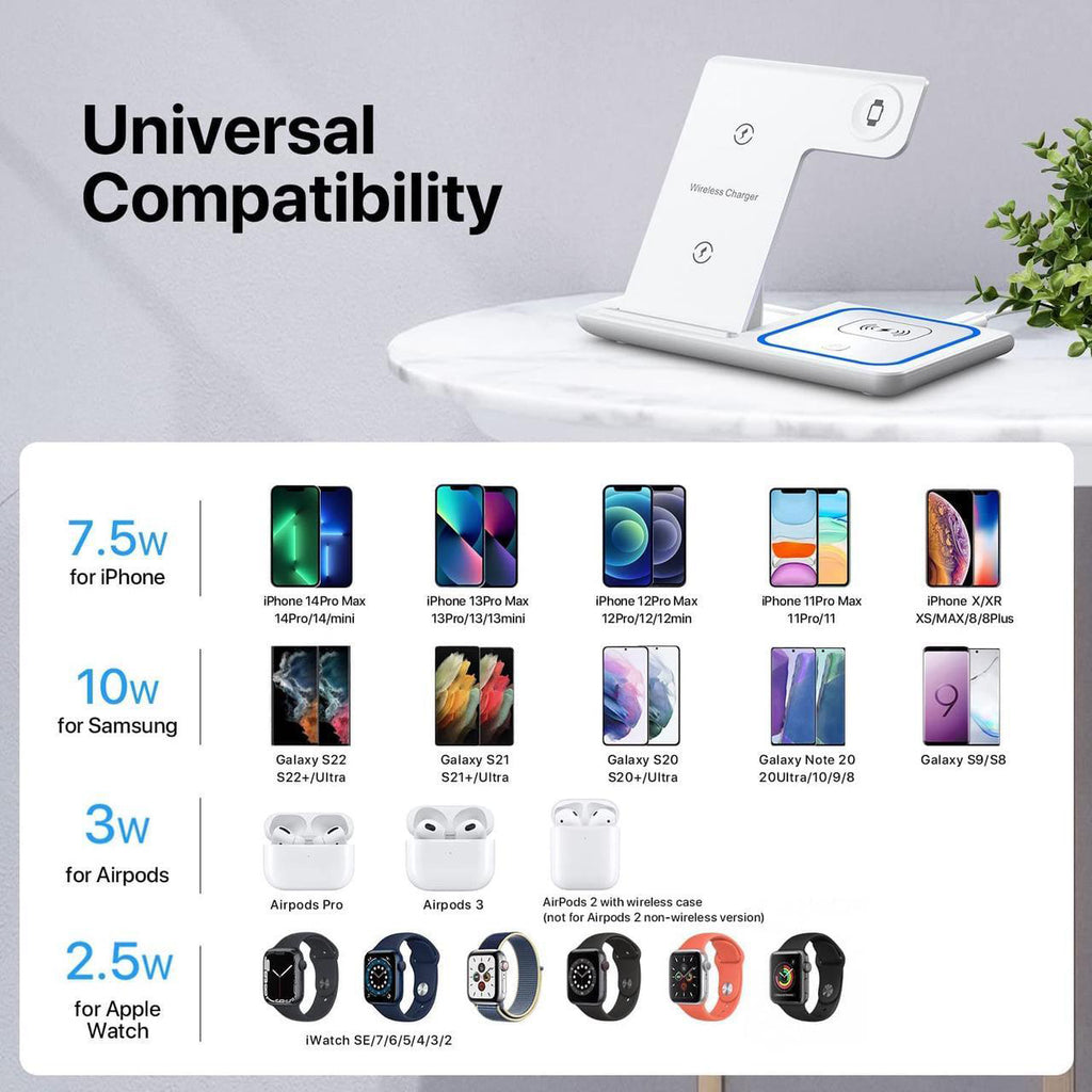 3-in-1 Wireless Charging Pad with Fast Charging Technology Multi-Device Dock forSmartphones, Smartwatches & Earbuds - Universal Compatibility