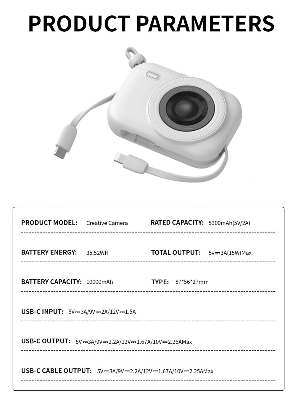 Creative Camera Power Bank 10000mAh, Portable Charger with Built-in USB-C Cable, 15W Fast Charging Battery Pack, Compact Retro Camera Design External Battery for iPhone 16/15, Samsung, iPad, AirPods