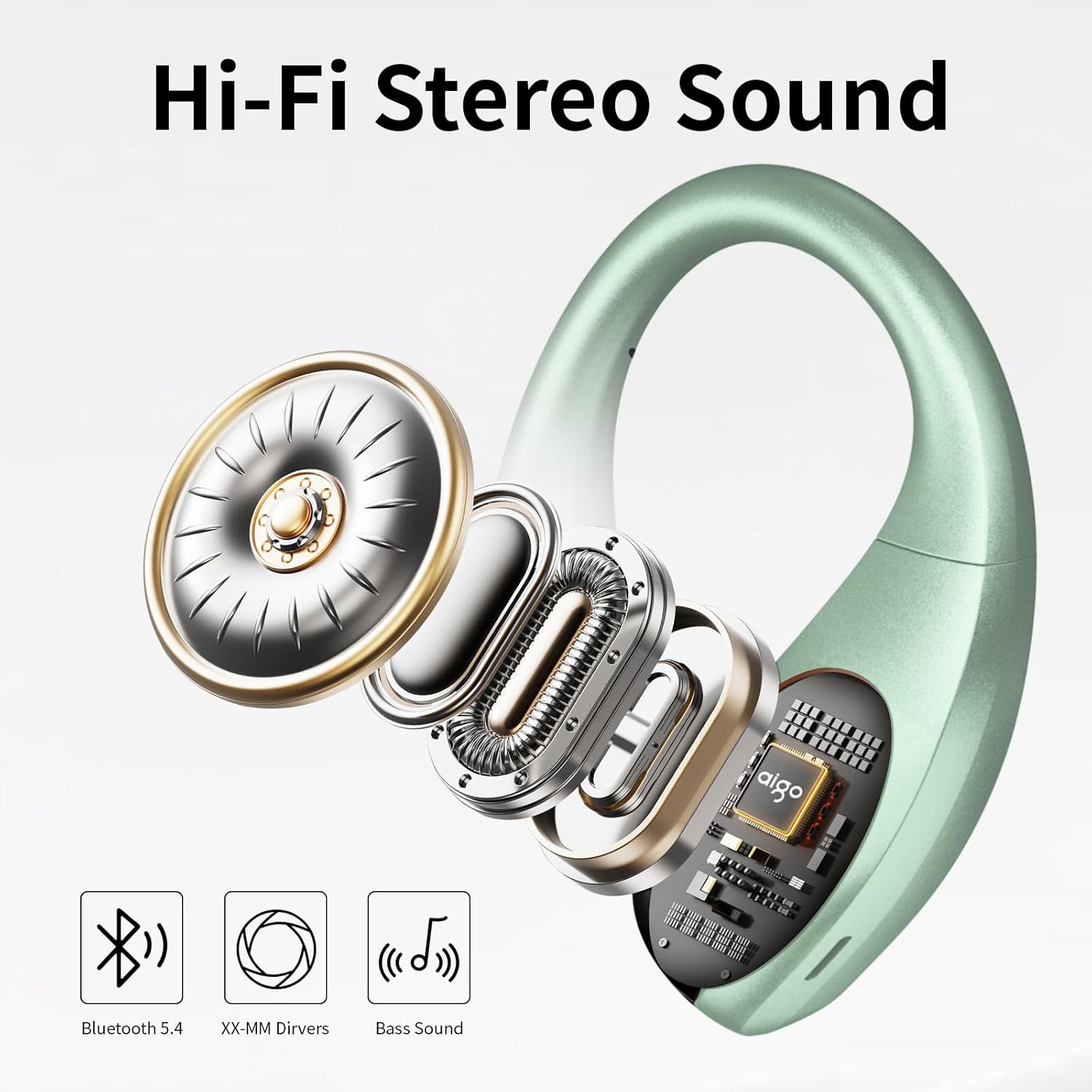 Green Ear Hook Wireless Earbuds with 48H Playtime, Sport Fit & Waterproof Design