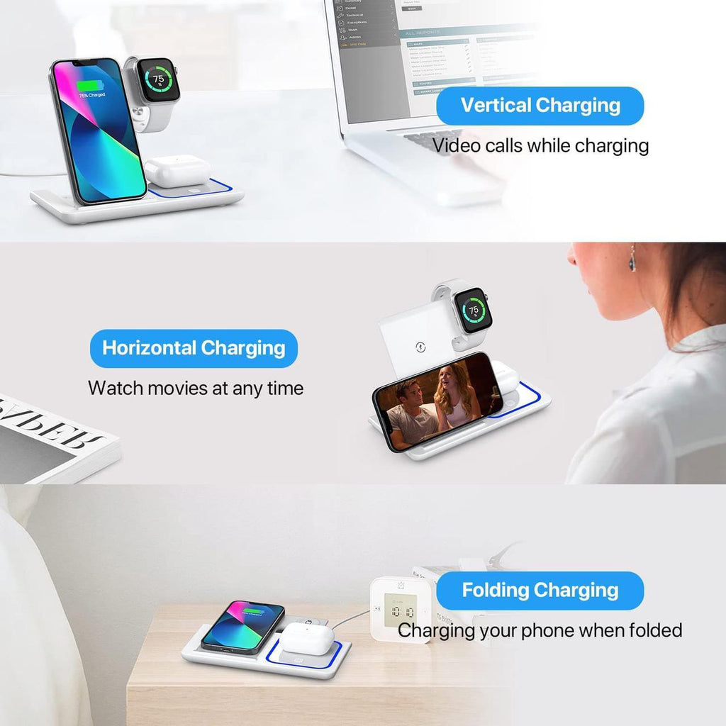 3-in-1 Wireless Charging Pad with Fast Charging Technology Multi-Device Dock forSmartphones, Smartwatches & Earbuds - Universal Compatibility